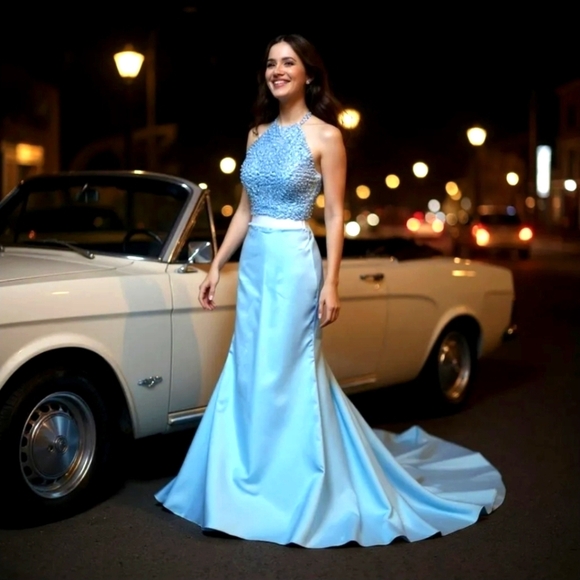 Sherri Hill Crystal Halter Gown Set ✦ Light Blue 2‑Piece Prom Dress w/ Train ✦ 4 - Picture 5 of 17